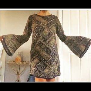 Boho Navy Floral-Print Bell-Sleeve Holiday Dress